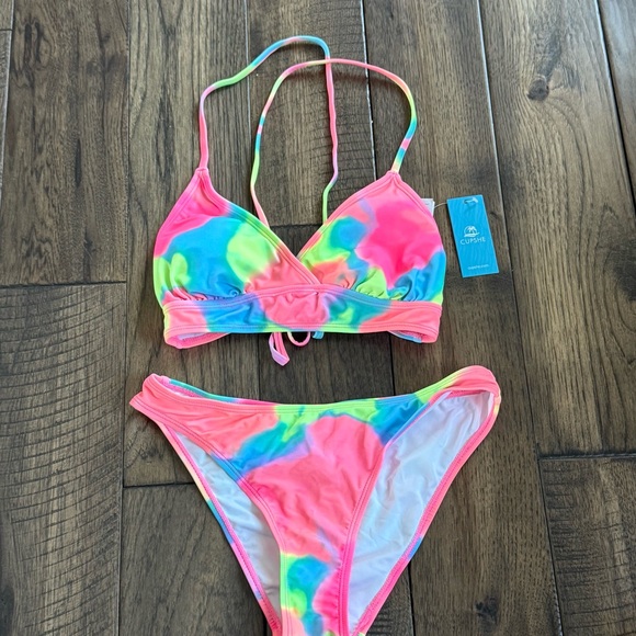 Cupshe NWT Pink yellow and‎ blue Tie-Dye Triangle Top Bikini Sz small - Picture 1 of 7